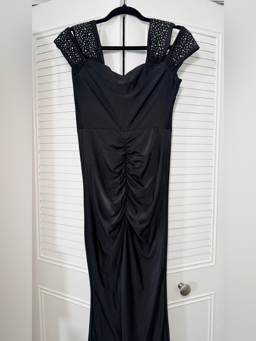 Black Rhinestone Ruched Maxi Dress – Size S/M - Picture 2 of 7